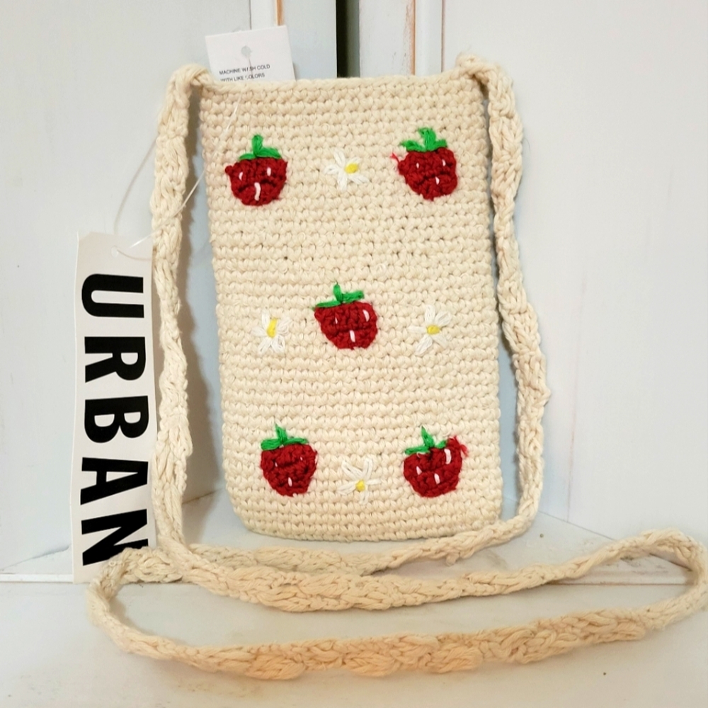 Urban Outfitters Cream Crochet Crossbody with Red Strawberry Motif